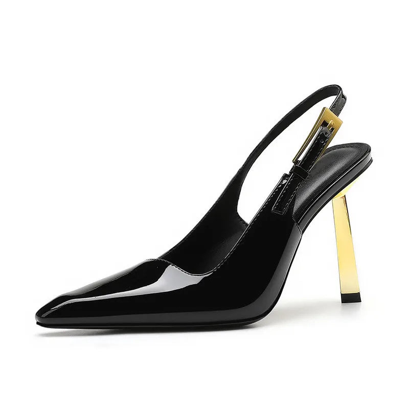 Ingvn  Star style Fashion Patent Leather Women Pumps Summer Square toe Metal Buckle Slingbacks Elegant Thin High heels Dress Shoes