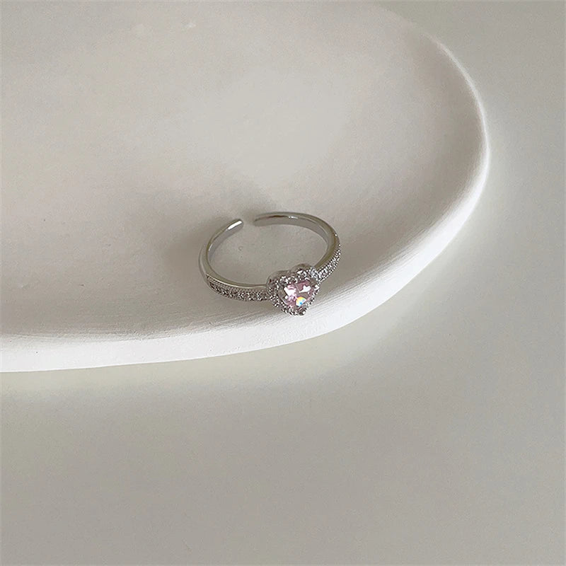Ingvn  Pink Crystal Irregular Heart Rings Creative Zircon Bowknot Opal Love Heart Open Ring Y2K Shiny Rings for Women Party Jewelry