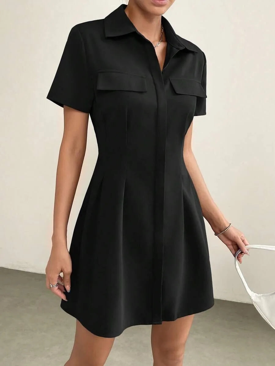 Ingvn  Women's Lapel Collar Pleated Waist Short Sleeve Shirt Dress Casual Solid Mini Dress