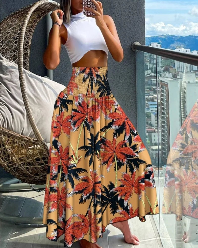 Ingvn  Fashion Cotton Women Floral Print Skirt Side Tie Beach Skirts Summer High Waist Wrap Flower Long Skirt