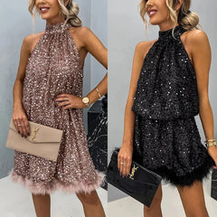 Ingvn  Women's S-XL Size New European and American Party Sequin Hanging Neck Fashion Dress INS Casual Lace up Sleeveless Dress
