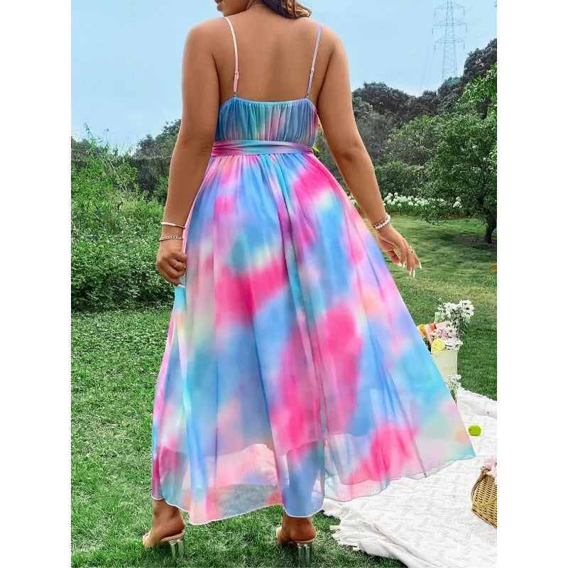 Ingvn  Plus Size 1XL-5XL New Fashion Women Clothing Floral Sexy Evening Dresses Elegant and Beautiful Halterneck Long Dresses Mesh Hem