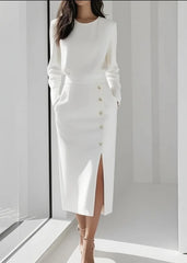 Ingvn  Solid Color Long Sleeves Pocket Button Decorated Slit Midi Dress