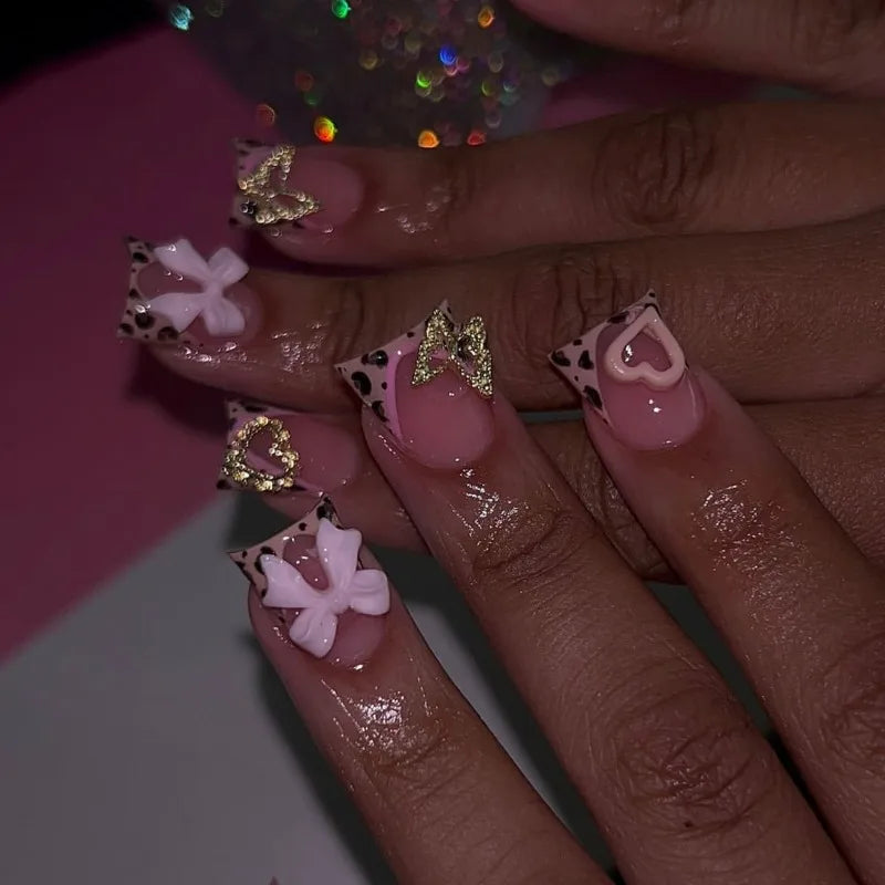 Ingvn  24Pcs 3d Bowknot Love Cherry Ready-made Artificial Nail Tips Leopard French Press on Nails Duckbill Short Aesthetic False Nails