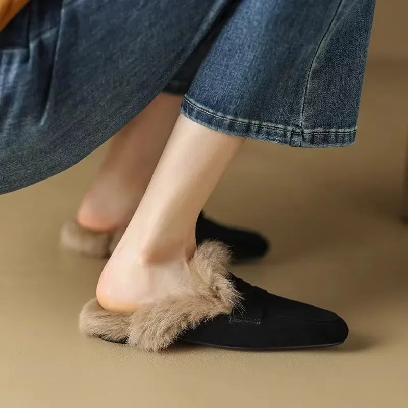 Ingvn  Slip on Simple Shoes Outwear Woman Warm Shoes Mules Natural Suede Flat Shoes for Women SlippersMules Women's Fur Flats Slippers