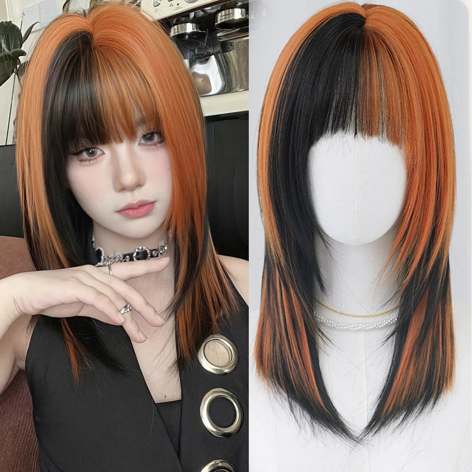 Ingvn  ﻿ Short Brown Straight Synthetic Wig with Bangs Curly Hair Pink Green Lolita Wigs for Women Daily Party Cosplay Christmas Wig