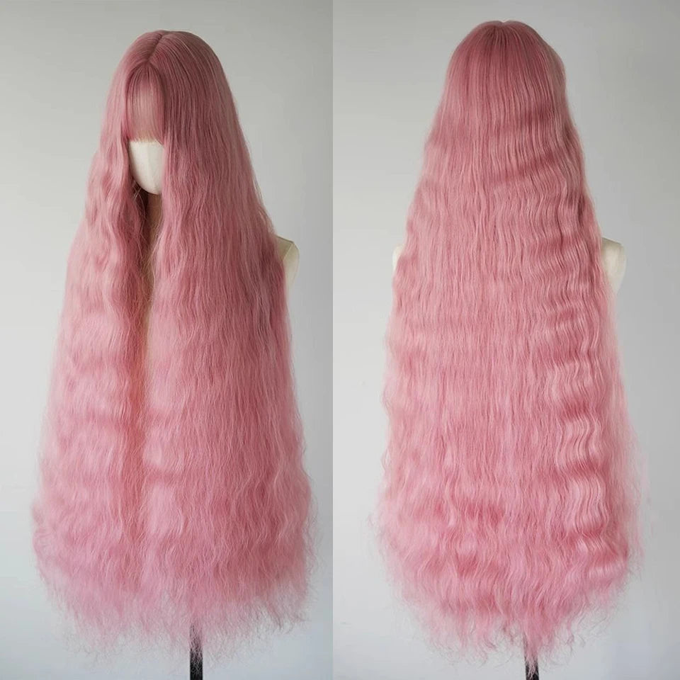 Ingvn - Super Long 100m Wavy Pink Fluffy Wig With Bangs Synthetic Halloween Cosplay Party Green Natural Looking Lolita Wigs For Women