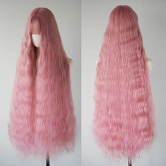 Ingvn - Super Long 100m Wavy Pink Fluffy Wig With Bangs Synthetic Halloween Cosplay Party Green Natural Looking Lolita Wigs For Women