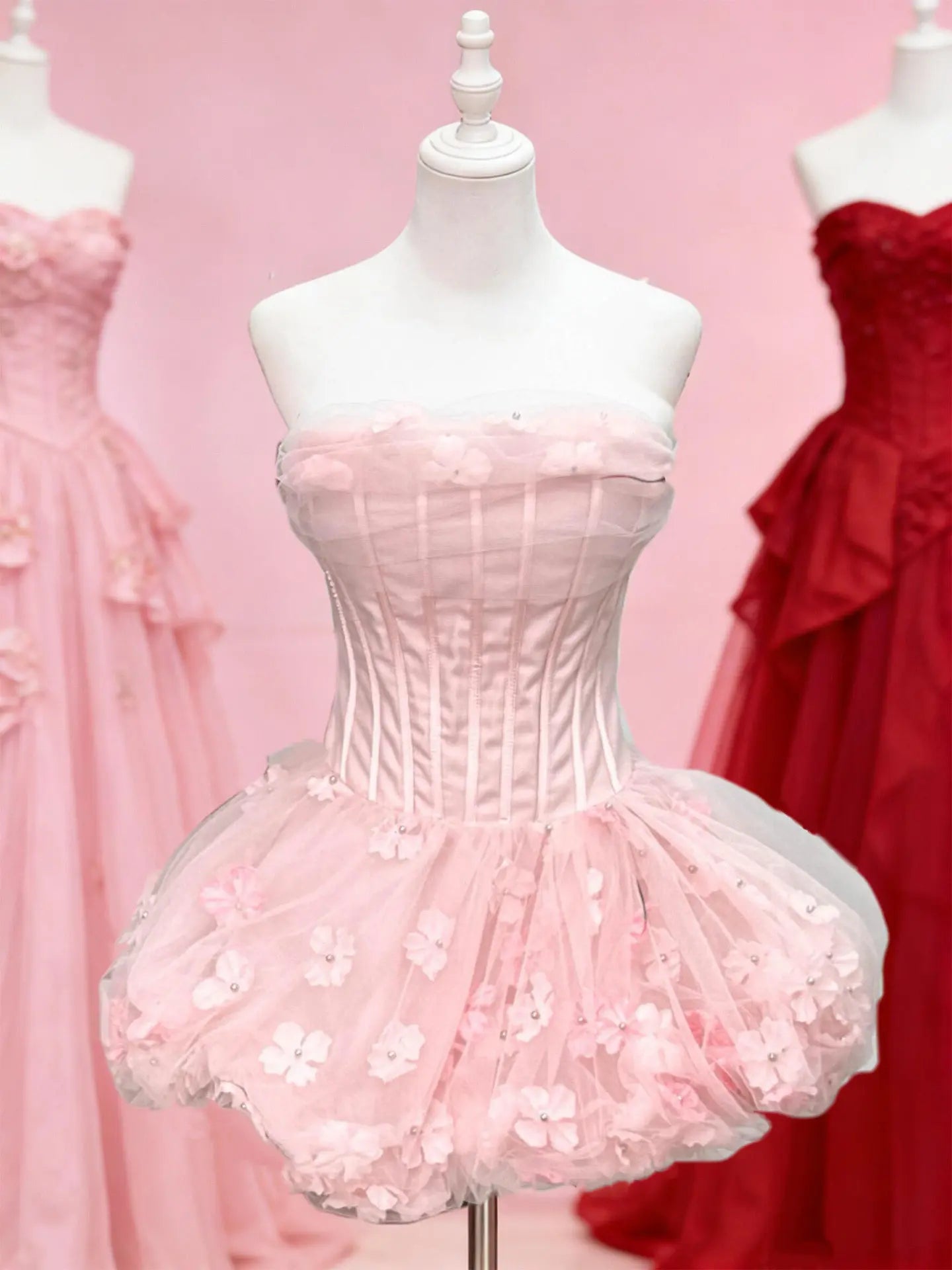 Ingvn  Summer New Sweet Elegant Princess Birthday Party Dress Sleeveless Strapless Corset Slim Fit 3D Flower Puff Dress for Women