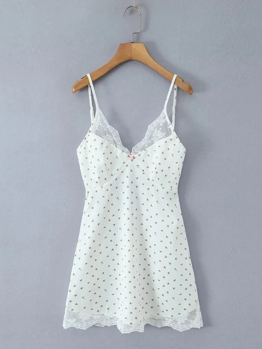 Ingvn  White Cozy Homewear Lace Trim Polka Dot Mini Slip Dress for Women Slim Satin Fabric Nightgown for Pajama Parties