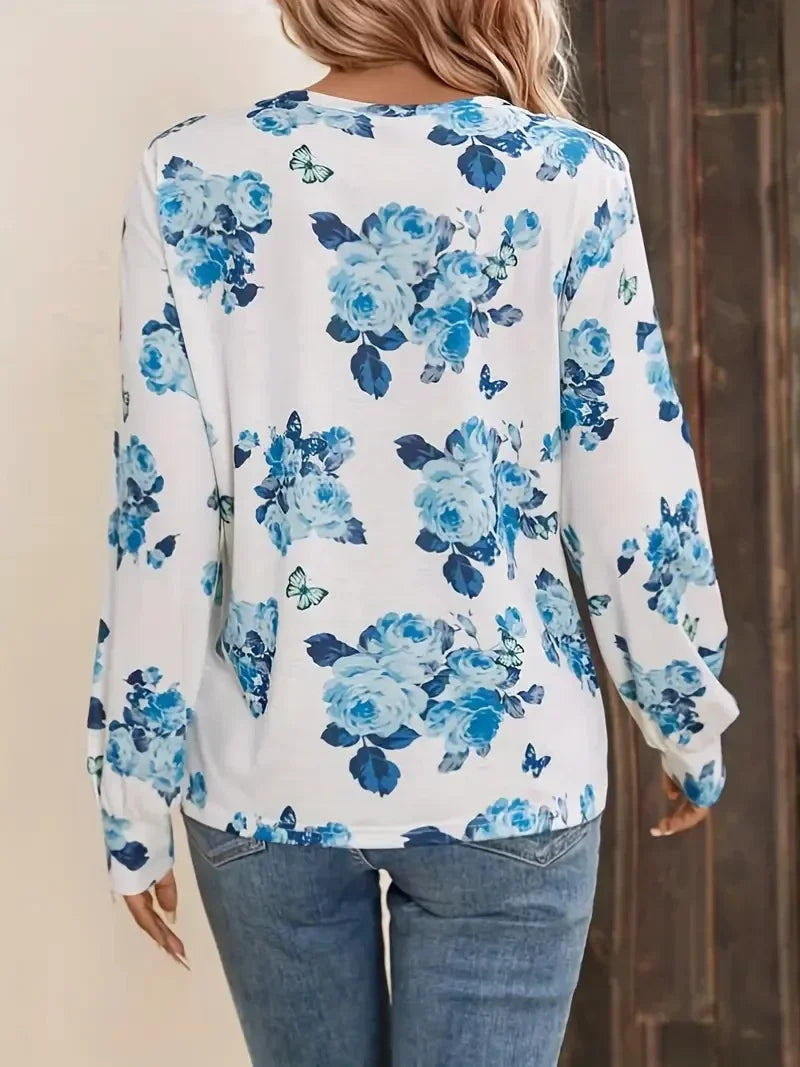 Ingvn  Women's Plus Size Casual T-shir ContrastLace Long Sleeve Round Neck Colorblock Floral Print Slight Stretch Top