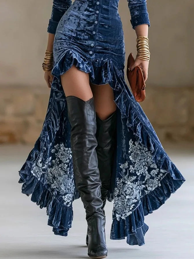 Ingvn - Women Deep V Neck Long Sleeve Dress Autumn New Swing Pleated Long Dress Autumn Long Sleeve Elegant Party Irregular Dresses