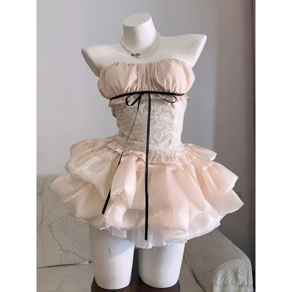 Ingvn  Harajuku Y2K Lolita Set Outfits Women Cute Lace Tube Top Princess Mini Skirt Sets Japanese Sweet Vintage Party Wear