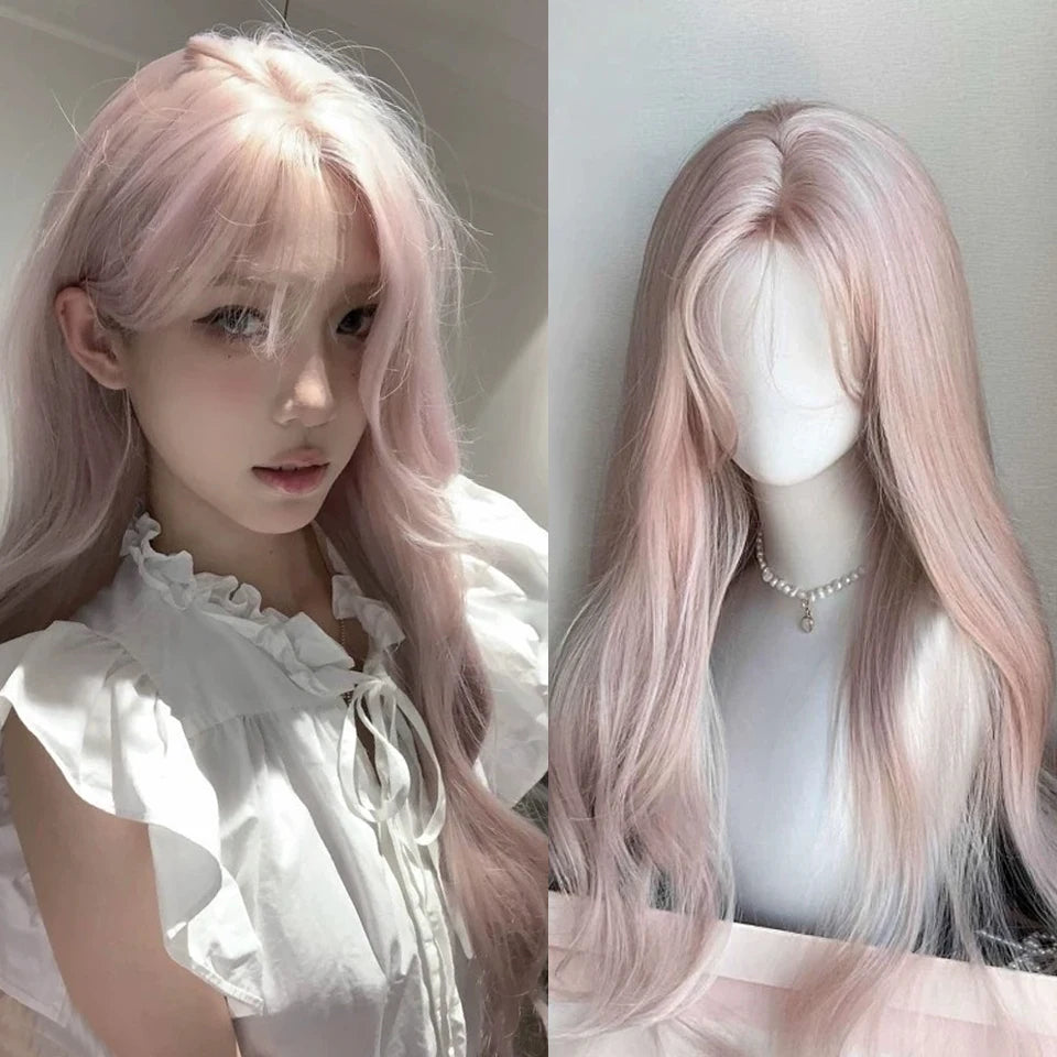 Ingvn  ﻿Long Wavy Ombre Pink Lolita Wig Synthetic Natural Cosplay Small Area Lace Wig Halloween Party Costume Wig for Women Daily Wear