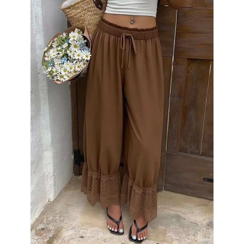 Ingvn  Women Mesh See-through Floral Lace Patchwork Ruffle Hem Bloomer Pants Loose Drawstring Elastic Waist Cropped Trousers