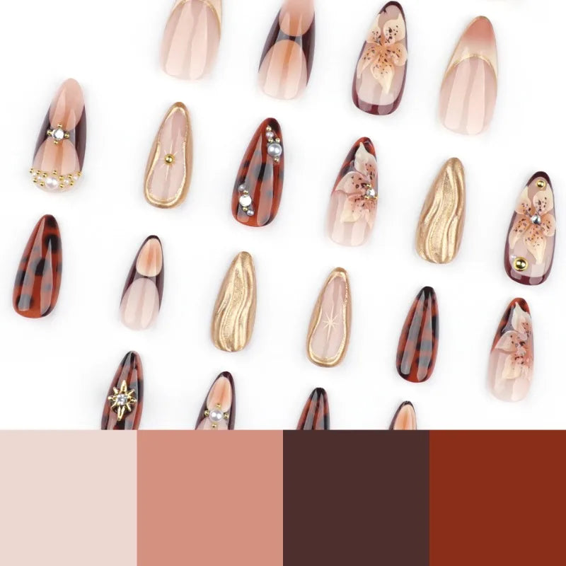 Ingvn  24 Pcs 3d Flowers False Nails To Stick Long Beautiful nail Tips Almonds Nails Press Ons for Women Holiday Prosthetic Nail Set