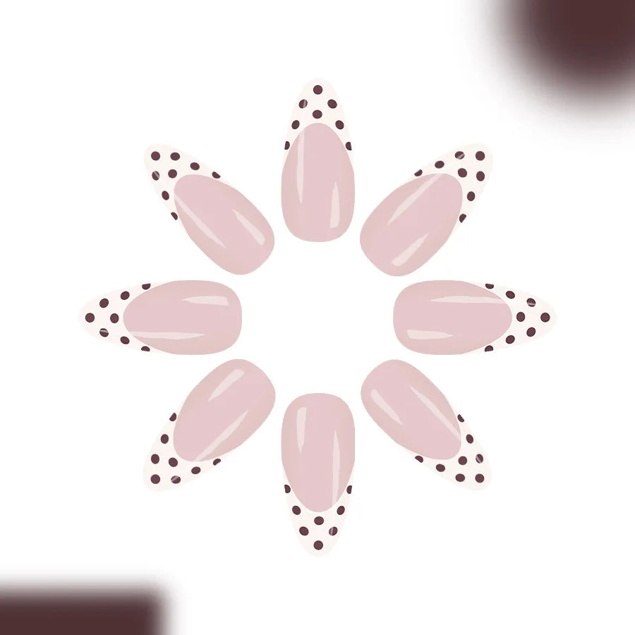 Ingvn  24pcs Medium Short Press on Nails White French Coffee Brown Dots False Nails Woman Almond Nail Tips Finger Nails with Tools