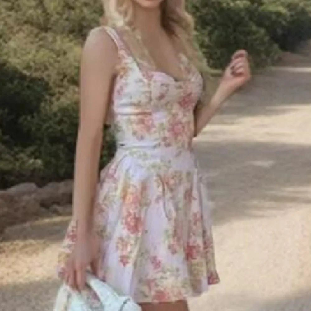 Ingvn  Sweet Pink Flower Print V Collar Sling Dress Women Corset Style Low Waist Folds Hem Ball Gown Swing Short Dresses Mini Tank Robe