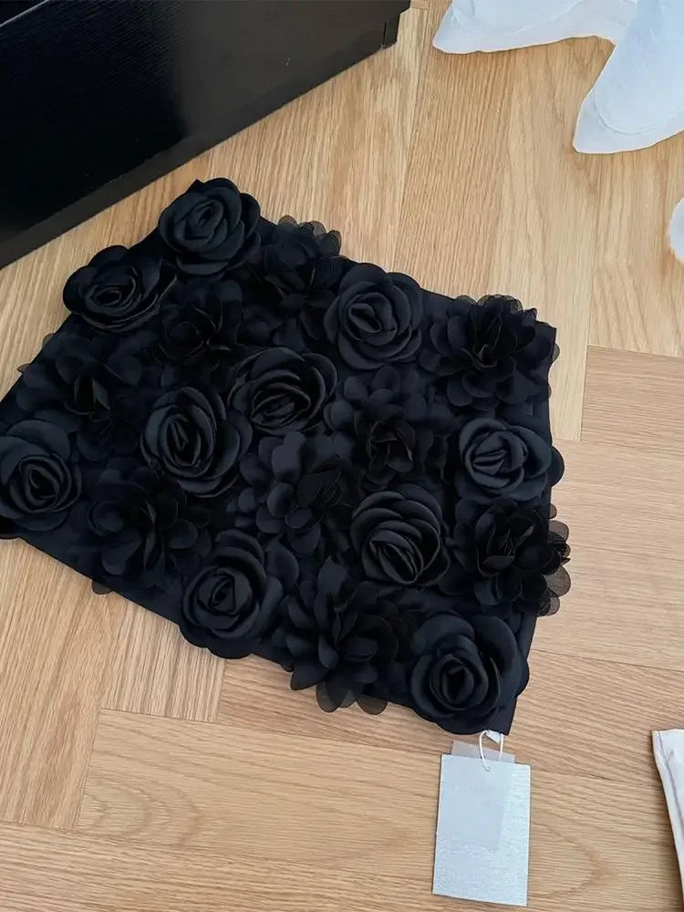 Ingvn  Y2K Vintage Floral Mini Skirt Women 90S Aesthetic Apricot A-Line Skirt Harajuku Style 3D Floral Print Black Summer Skirt