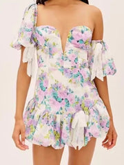Ingvn  Sexy Short Lantern sleeve One Shoulder Party Dresses Retro Women Spliced Bow Bandage Floral Print Mini Dress