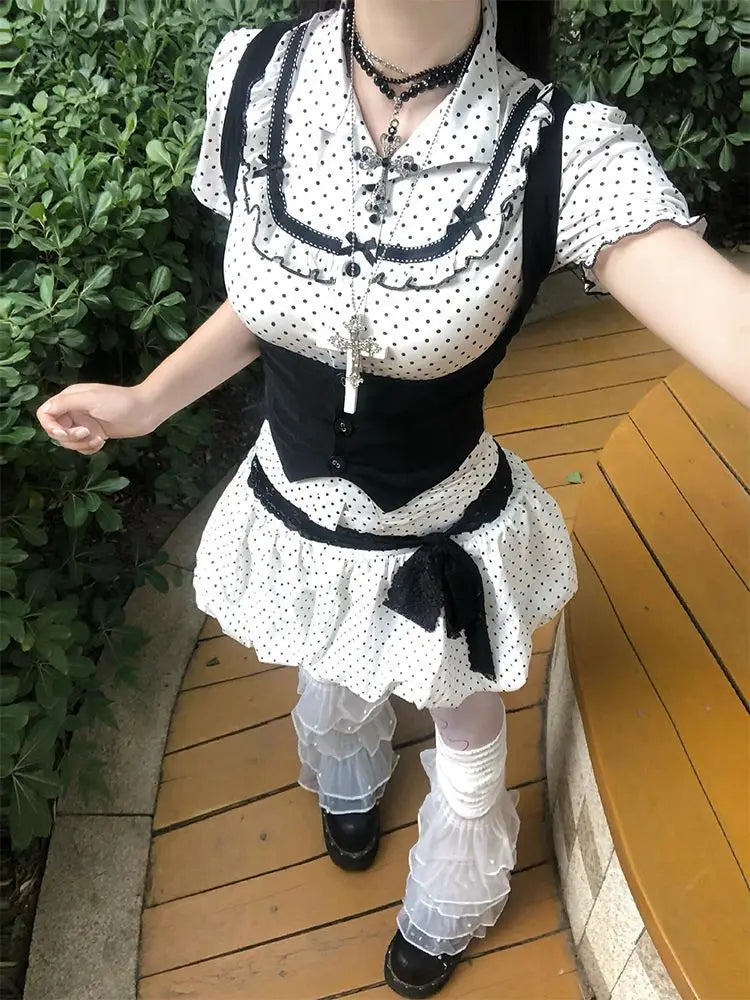 Ingvn  Subculture Kawaii Sweet Suit Hot Girls Polka Dot Top Black Belt Casual Bud Mini Skirt Sweet Cool Set Woman