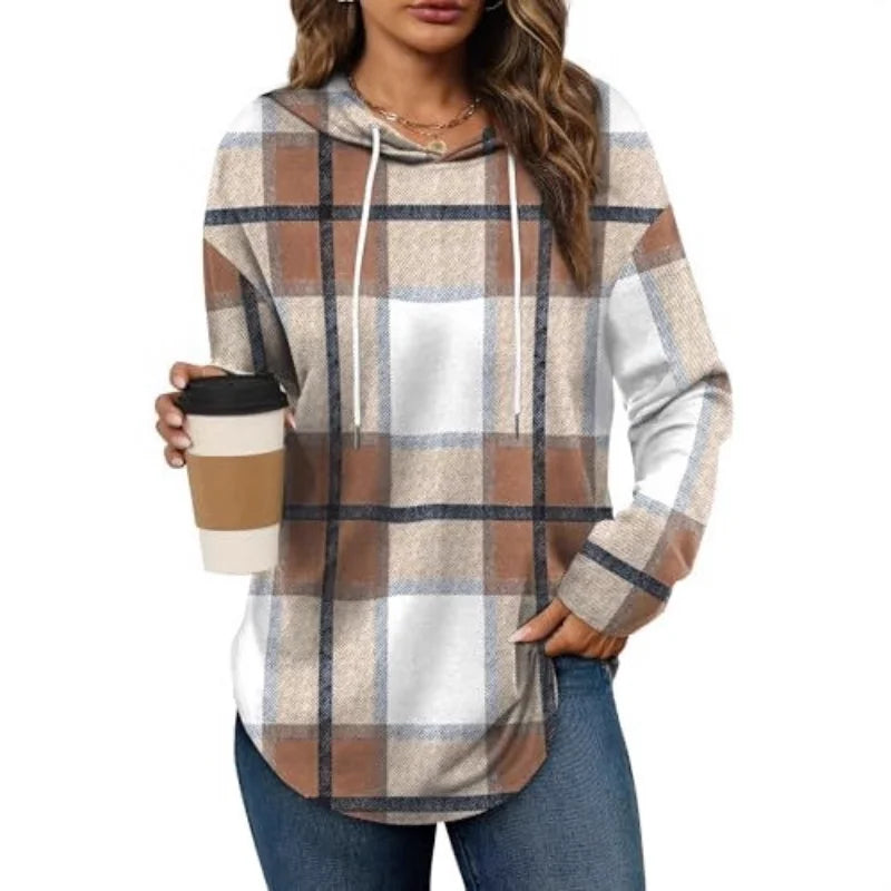 Ingvn - Women's Spring Autumn New Hooded Sweatshirt Leopard Print Plaid Stripe Print Trendy Versatile Fashion Casual Pullover Top