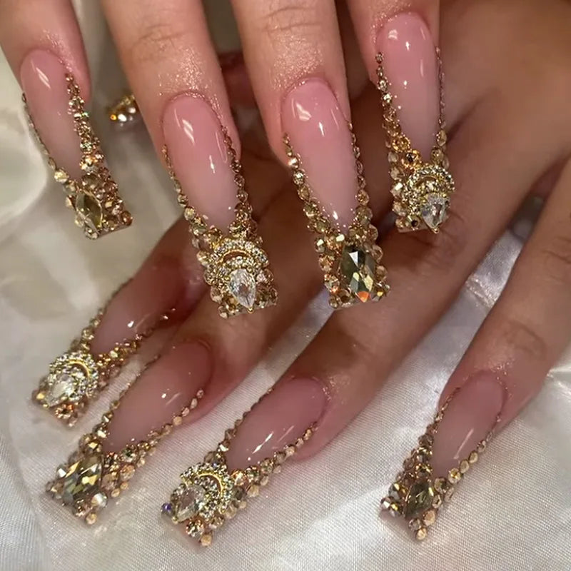 Ingvn  24Pcs Extra Long Red French False Nails Set Simple Sqaure Press on Nails with Flower Shape Rhinestone for Women Fake Nail Art