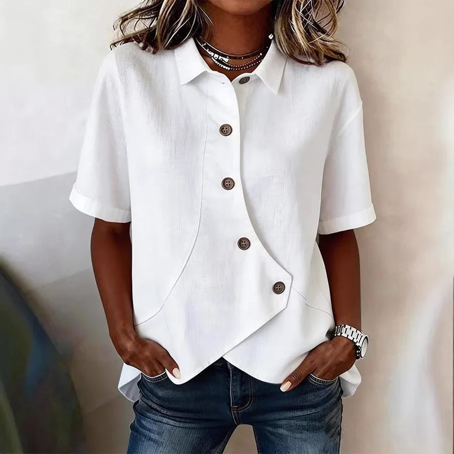 Summer Women's Casual Solid Irregular Shirt Fashion Elegant Top Button Short Sleeve Holiday Party Womens Tops And Blouses