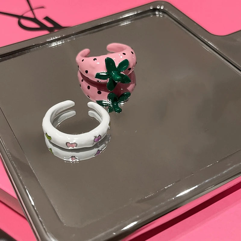 Korean Style Candy Color Enamel Pink Strawberry Heart Charm Rings Metal Chunky Open Adjusting Finger Ring for Women Jewelry