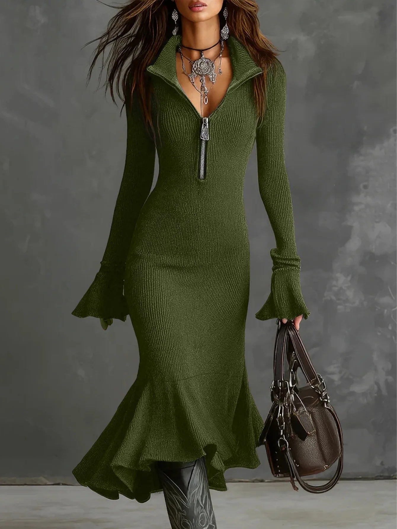 Ingvn - Autumn Winter Women Long Sleeve Flare Sleeves Slim Knitted Party Dress Women Fashion Zipper V-neck Office Dress