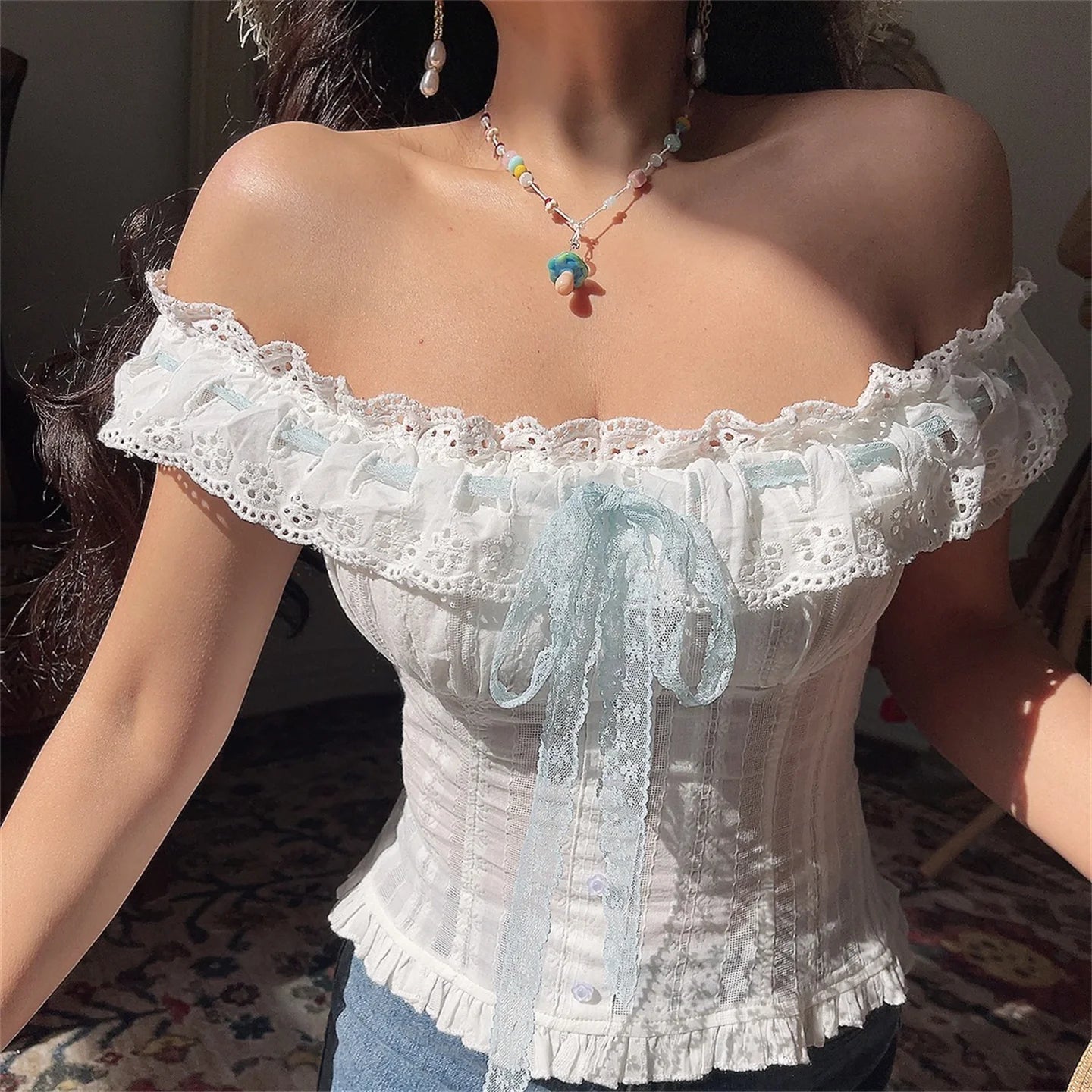 Ingvn  French Style Embroidered Lace Drawstring Shoulder Bridesmaid Shirt White Summer Vacation Top Women's Slim Fit Short Sleeve