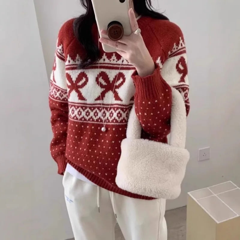 Ingvn - Autumn and Winter Fashion New Women's Elegant Knitted Printed Retro Jacquard Hoodie Round Neck Thickened Warm Sweater