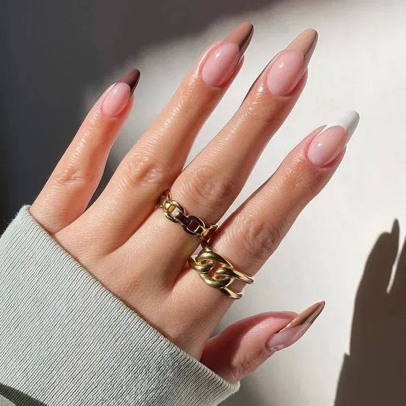 Ingvn  24Pcs Simple Green French False Nails Short Almond Fake Nails with Wave Line Design Wearable Round Head Press on Nail Tips