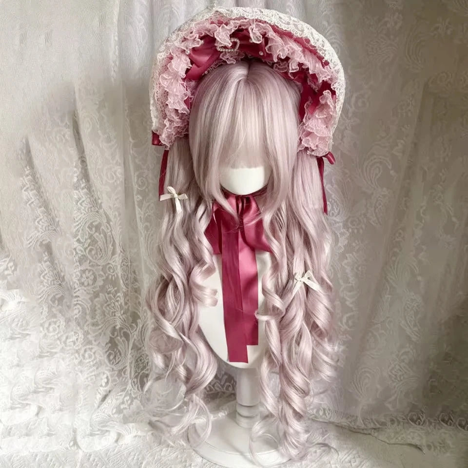 Ingvn - Long Wave Dusky Pink Cosplay Wig with Double Ponytail For Women Daily Party Lolita Synthetic Wigs Christmas Party Natural Wig