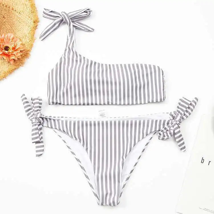 Ingvn  Summer Sexy Bow One Shoulder Striped Bikini Lacing Up Bandage Low Waist Swimsuit Set Two Piece Swimwear Beachwear