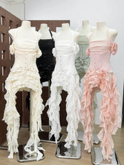 Ingvn  French Elegant Fashion Sexy Halter Neck High Waist Seal Ruffled Fringed Ribbon Irregular Evening Party Dress Women Summer