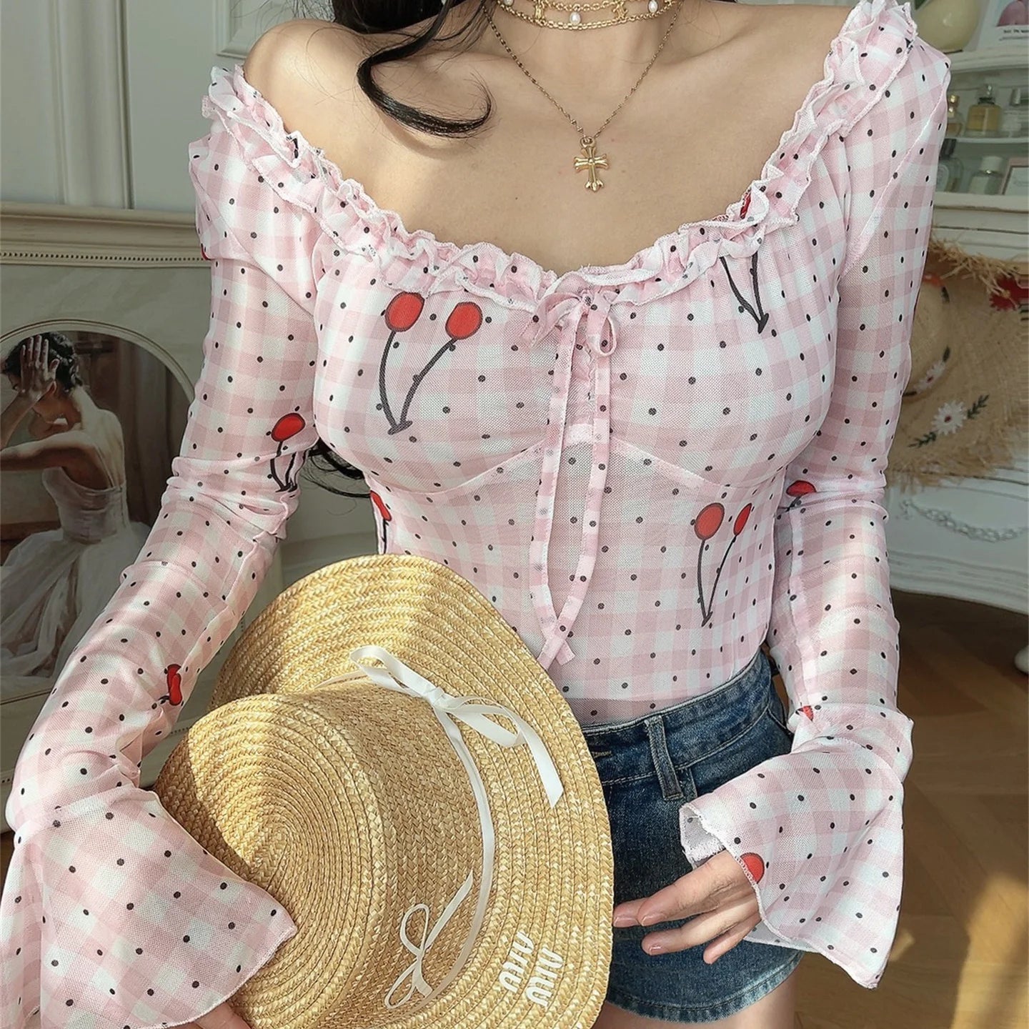 Ingvn  Chenopod Original Spring Summer Elastic Lace Bell Sleeve Shirt French Style Slim Fit Polyester Fiber Long Sleeve Breathable S...