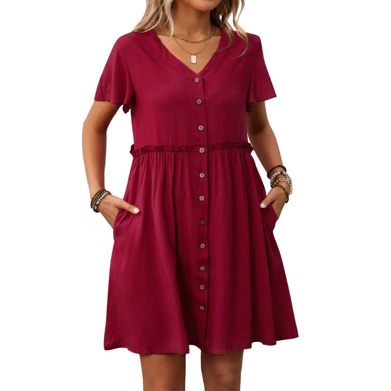 Ingvn  Summer New Women's V-neck Short-sleeve Ruffle Hem Dress