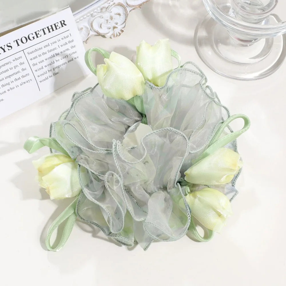 Ingvn  Sweet Cute Floral Mesh Scrunchie Sweet Dot Mesh Ruffled Sheer Tulle Flower Hair Rope French Romantic Large Hair Ties