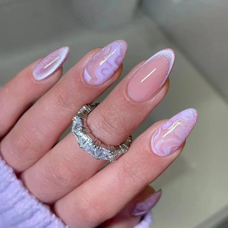 Ingvn  24Pcs Wearable Almond Fake Nail with Halo Stained Purple Design Short Oval False Nails Round Head Press on Nails Full Nail Tips