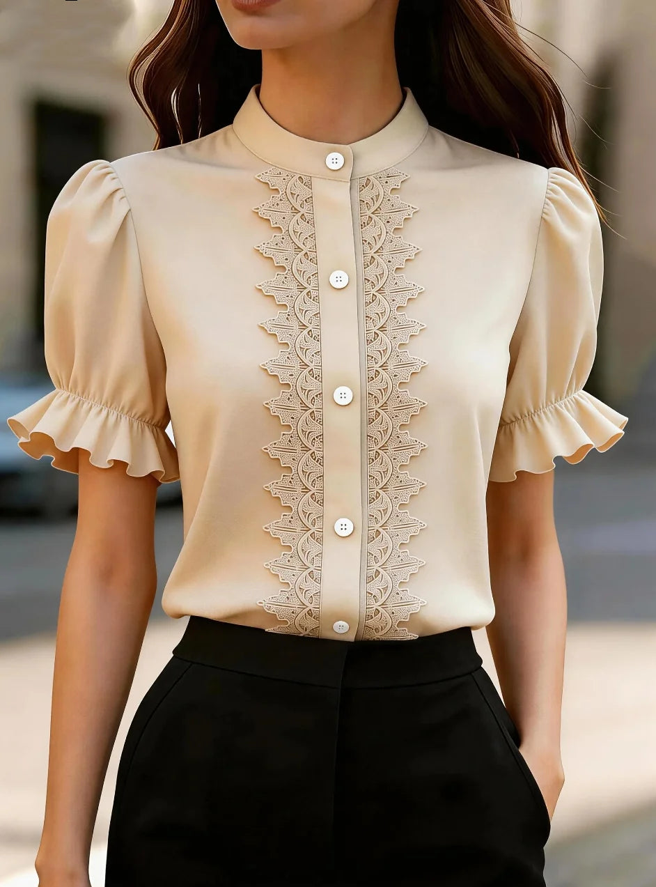 Ingvn  Women Lace Trim Puff Sleeve Blouse Ruffle Short Sleeve Button Down Shirt Top Casual Office Wear