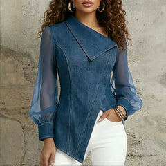 Ingvn  Women Denim Sheer Mesh Blouse Asymmetrical Collar Long Puff Sleeve Irregular Hem Elegant Casual Top Vitnage Solid Blouse Top