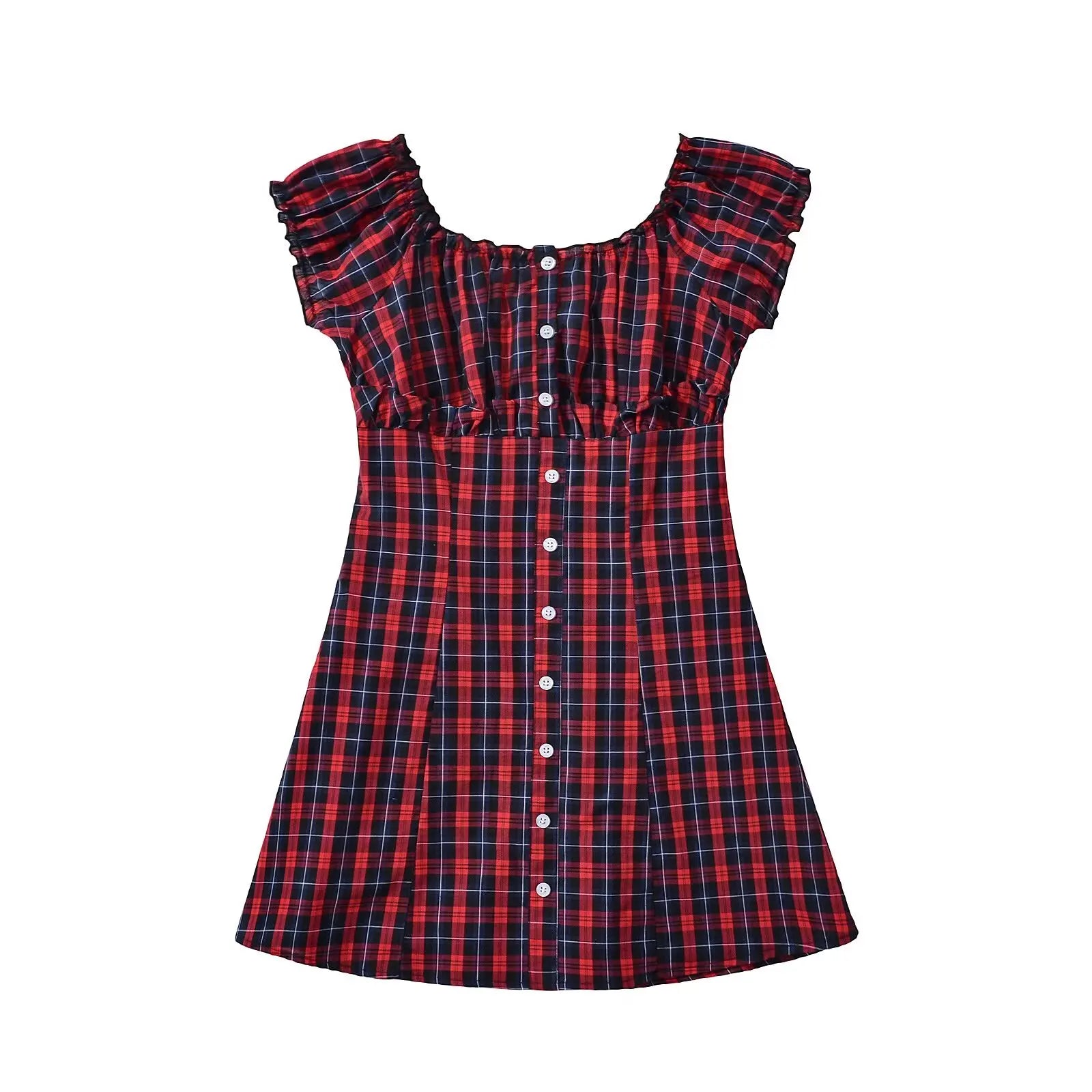 Ingvn  Contrast Color Plaid Open Buttons Slash Shoulder Mini Dress Women Short Sleeve Slim Waist Dresses Holiday Robe Femme