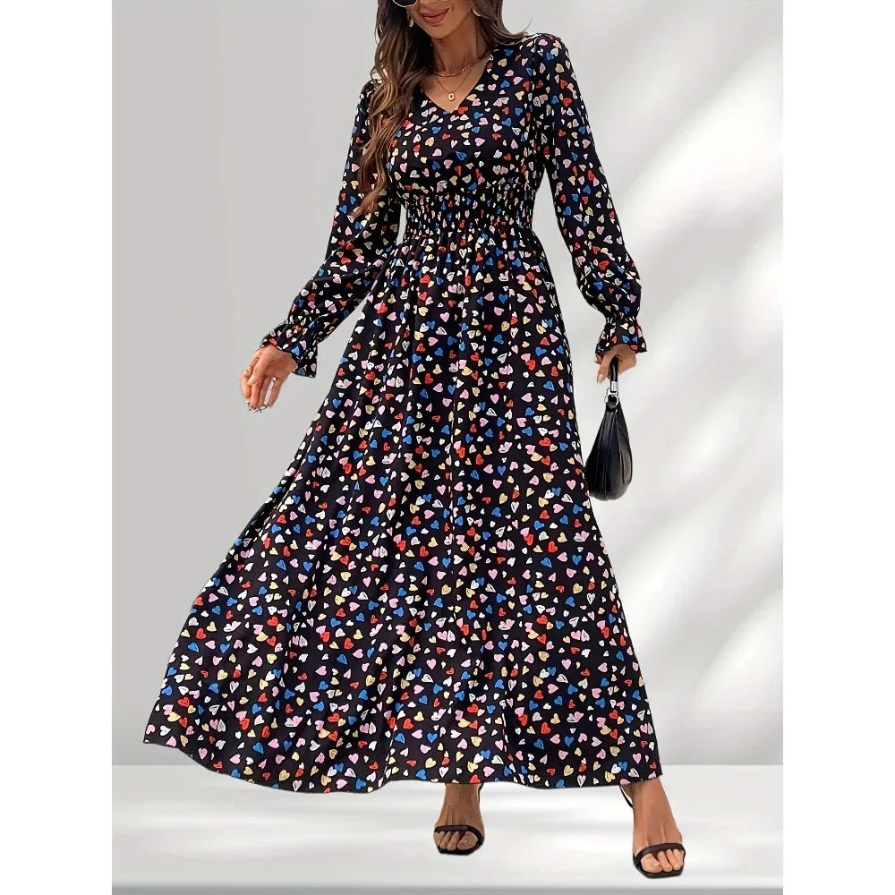 Ingvn  Fashion Floral Printed Long Party Dress For Women V-neck Long Sleeved Casual Elegant Maxi Dress