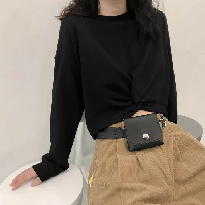 Ingvn - Women Irregular Twist Cropped Sweatshirt Spring Autumn Thin Long Sleeve Crew Neck Y2K Crop Top