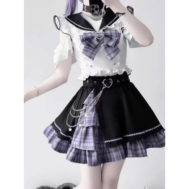 Ingvn  Lolita Sweet Girl Preppy Style Jk Uniform Set Cute Kawaii Bow Short Sleeved Tops Slim Fit Plaid Splicing Skirt Two Piece Set
