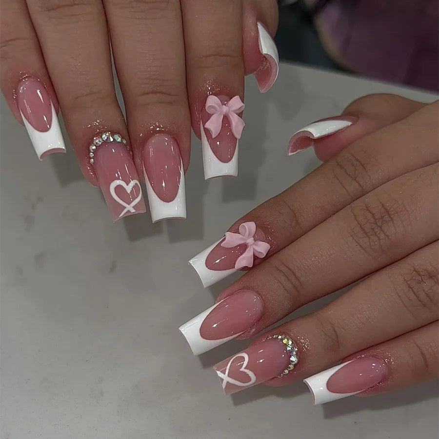 White French Press on Nails 3D Bowknot Designs Nude Color Fake Nails Wearable False Nails Tips for Women DIY Manicure 24Pcs