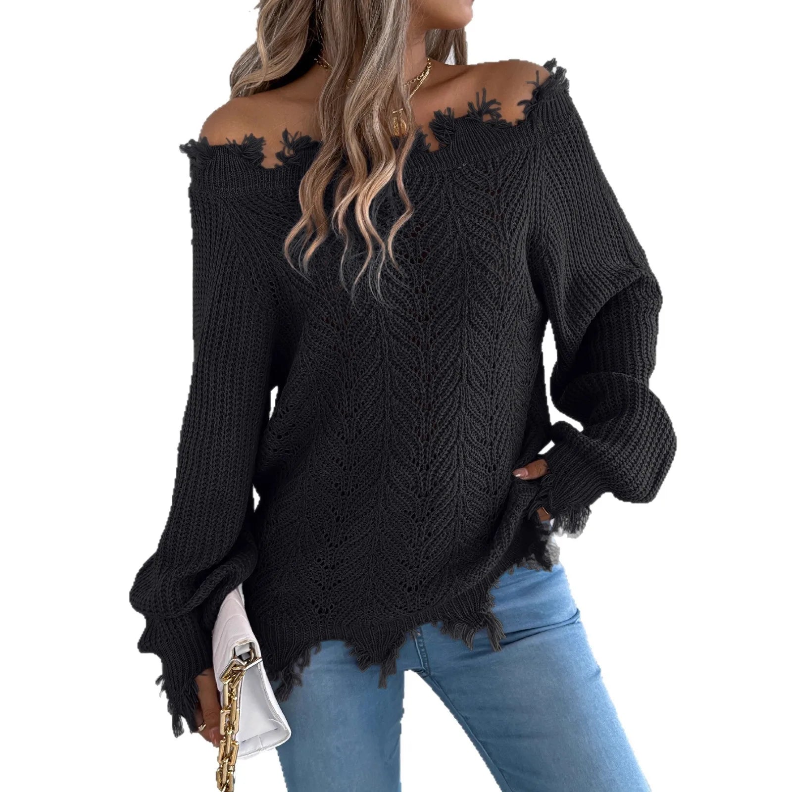 Ingvn  Autumn Winter Women's Clothing Solid Off Shoulder Long Sleeve Pullover Sweater Streetwear Knitwear For Woman Acrylic Regular
