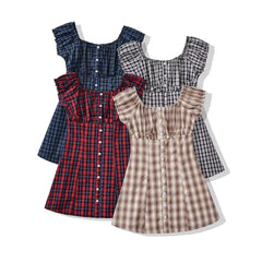 Ingvn  Contrast Color Plaid Open Buttons Slash Shoulder Mini Dress Women Short Sleeve Slim Waist Dresses Holiday Robe Femme