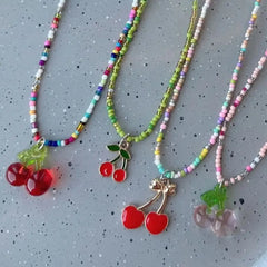 Ingvn  Korean Version Color Transparent Glass Cherry Pendant, Imitation Crystal Bead Sweet Necklace Jewelry For Girls' Parties